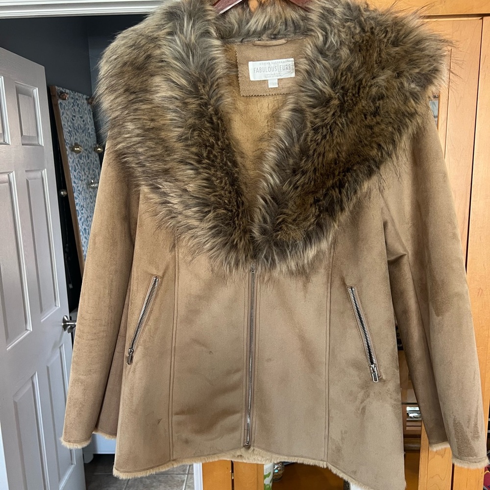 Fabulous Furs Tan Teddy Jacket with Faux Fur Collar